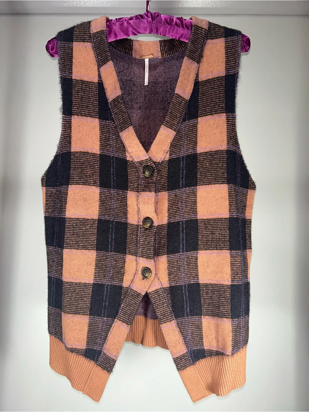 Free People Plaid Button Front Knit Sweater Vest Size XS